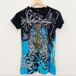 Christian Audigier Tiger Teal & Black Crystal Tee